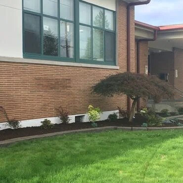 Paver border plants infront of school building after picture.